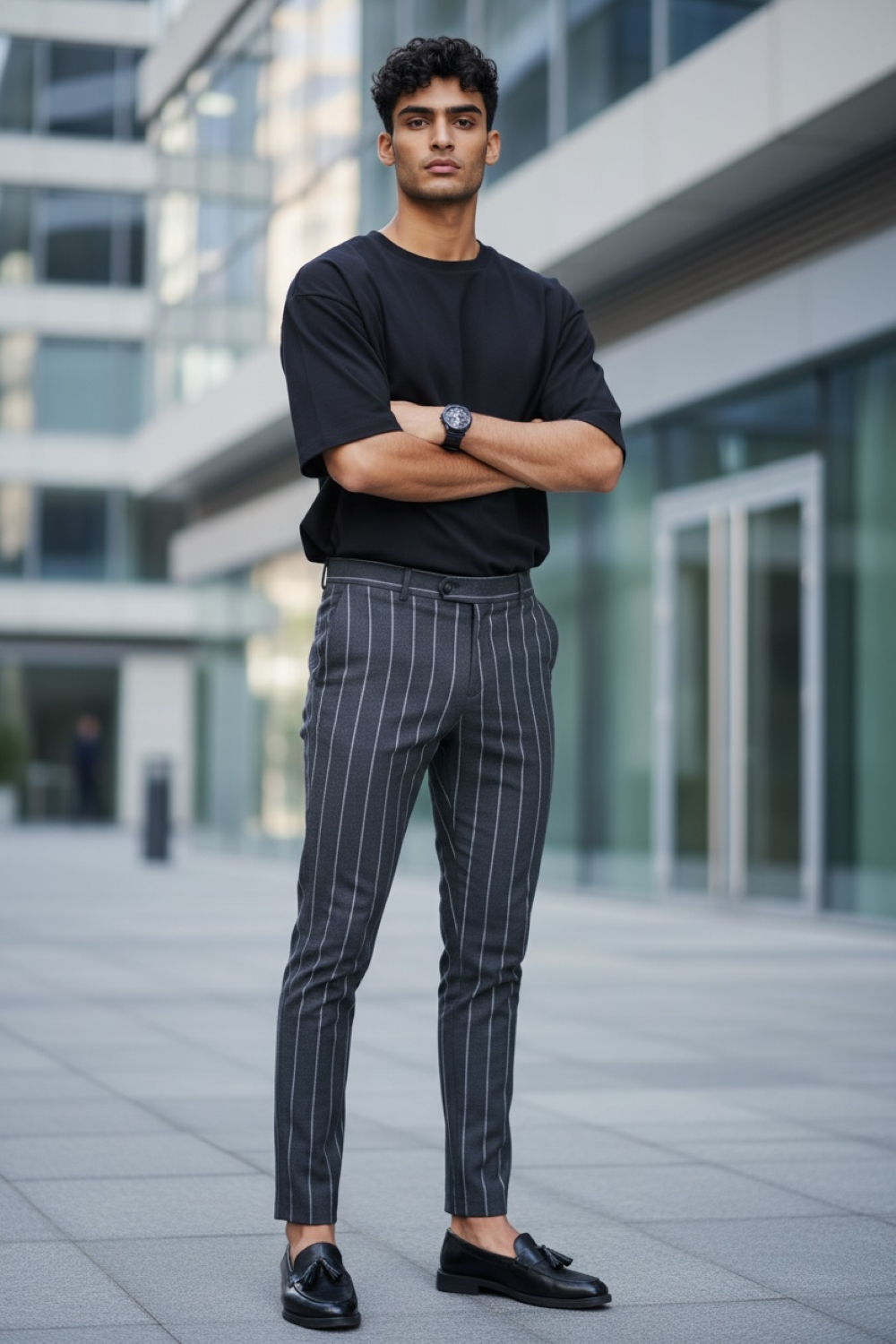 Pantaloni barbati casual regular fit gri in dungi B1301 110-3