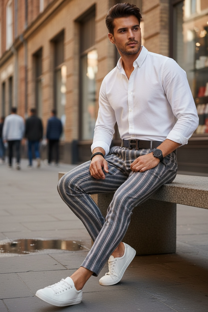 Pantaloni barbati casual regular fit in dungi B1547 Z6-2