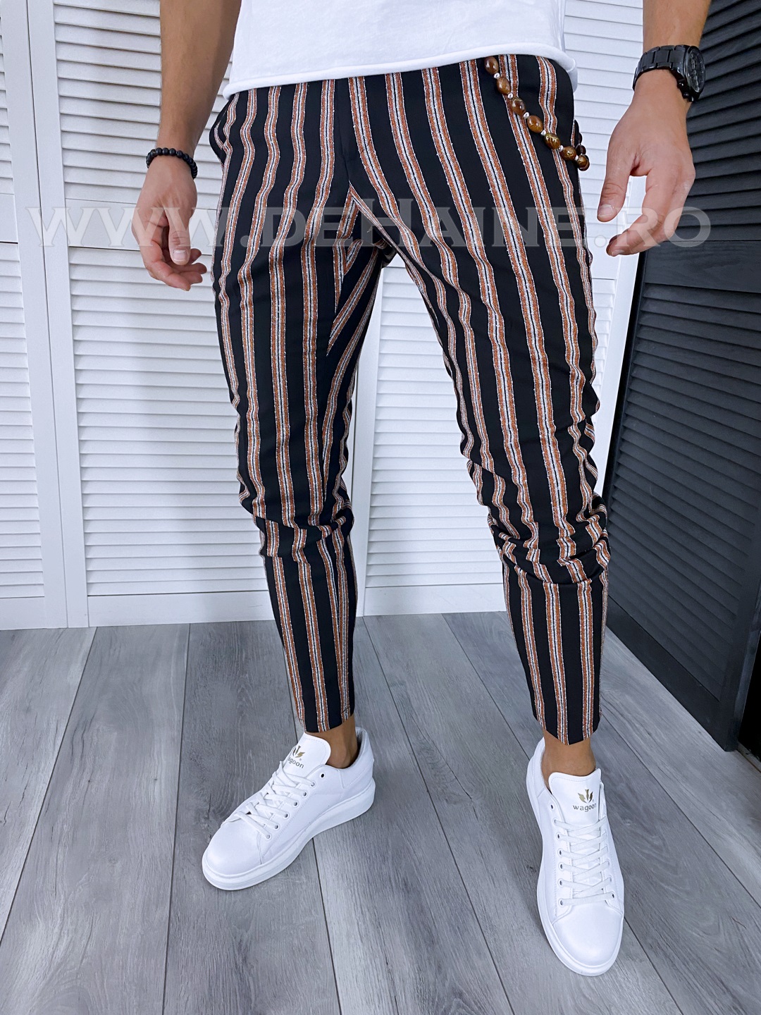 Pantaloni barbati casual regular fit negri in dungi B1594 Z14-1