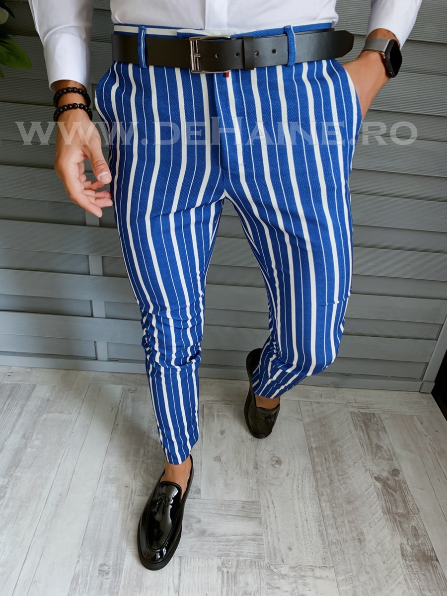 Pantaloni barbati eleganti albastri in dungi B1772 B6-3