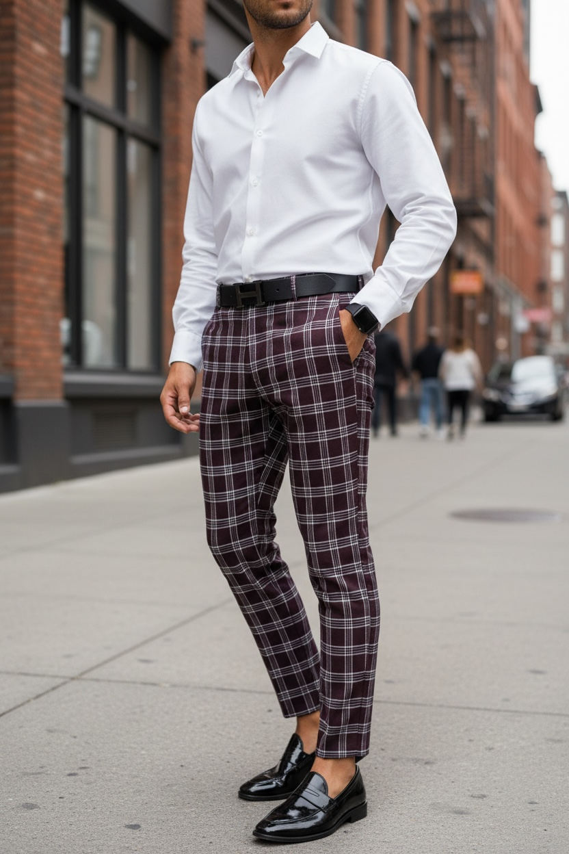 Pantaloni barbati eleganti grena in carouri B1626 F7-5