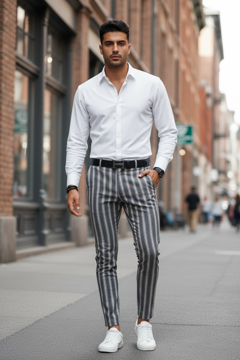 Pantaloni barbati eleganti regular fit cu dungi B1547 Z6-2