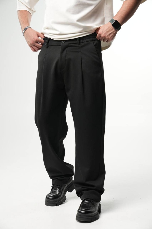PANTALONI BARBATI WIDE LEG BLACK ELEGANT STREETWEAR (MĂRIME: S)