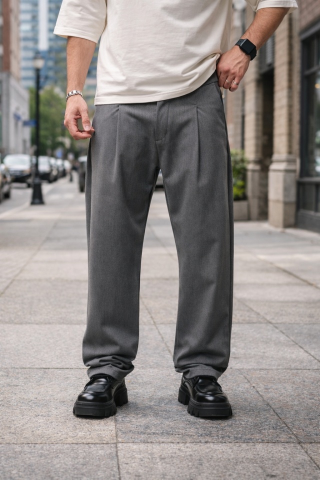 PANTALONI BARBATI WIDE LEG MID-GREY ELEGANT STREETWEAR (MĂRIME: L)