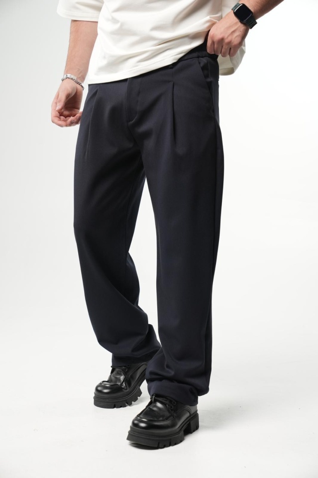 PANTALONI BARBATI WIDE LEG NAVY-BLUE ELEGANT STREETWEAR (MĂRIME: M)