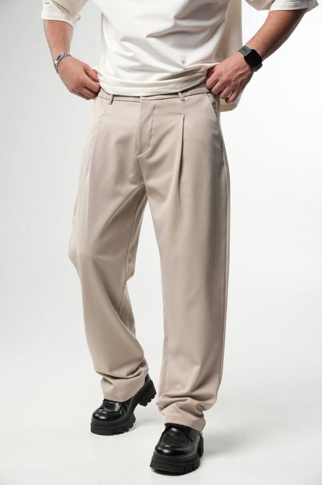 PANTALONI BARBATI WIDE LEG STONE-BEIGE ELEGANT STREETWEAR (MĂRIME: S)