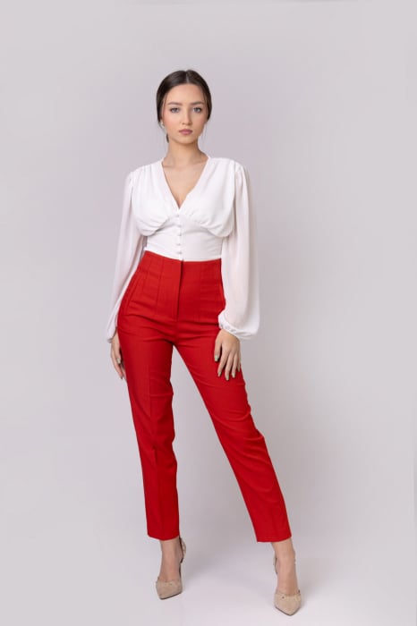 Pantaloni caramizii cu talie inalta si cusaturi decorative