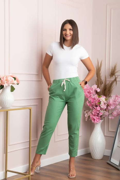 Pantaloni conici Tessa din bumbac cu snur in talie - Verde fistic