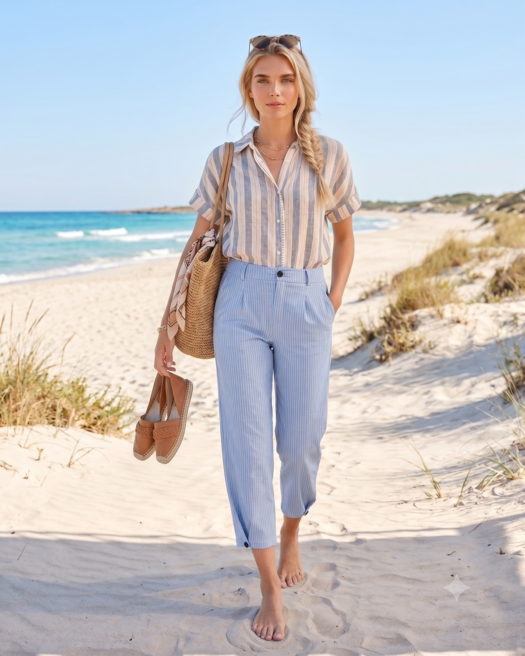 Pantaloni cu dungi și nasturi decorativi bleu - Unica S-L