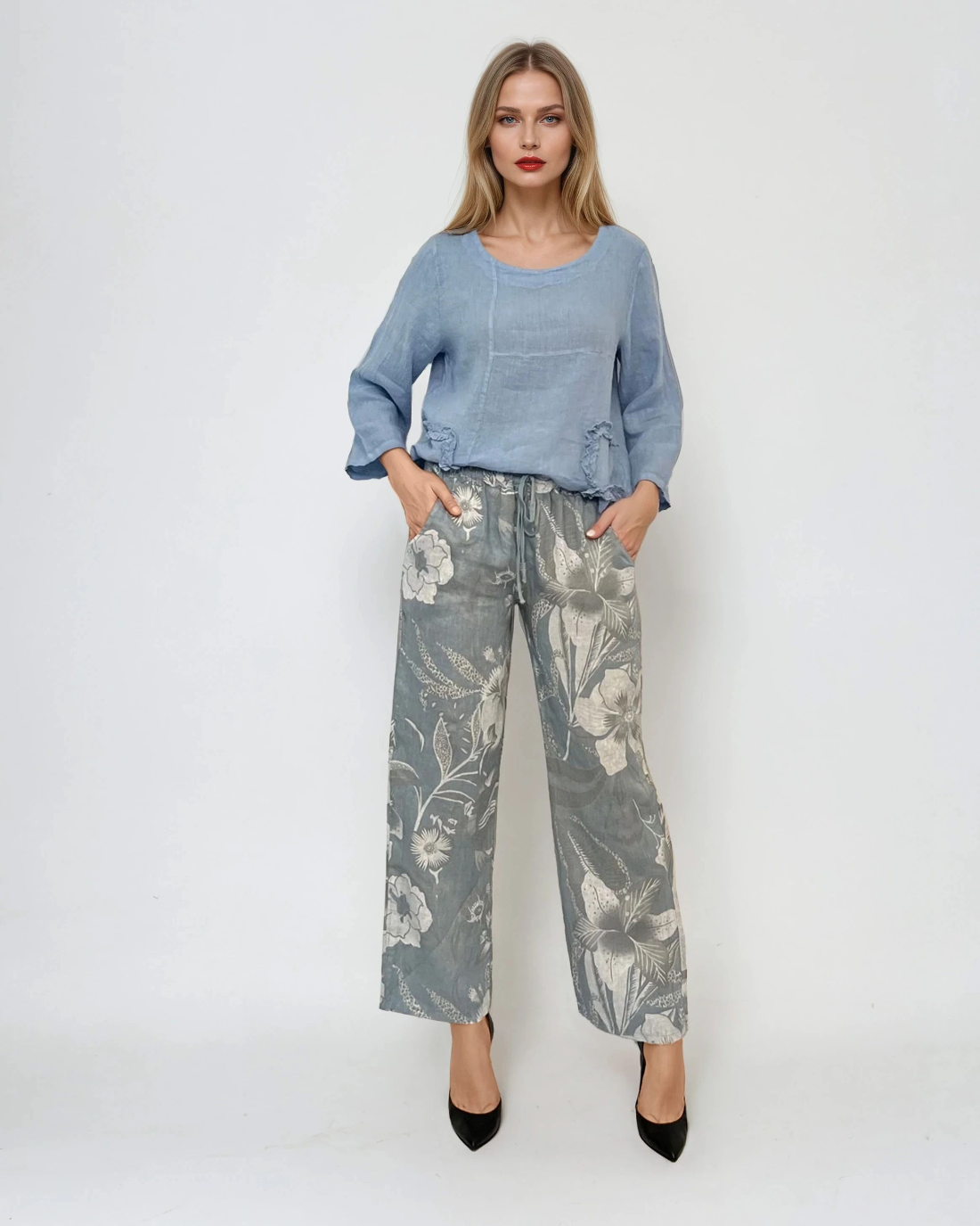 Pantaloni cu print floral și șiret bleu - Unica S-L
