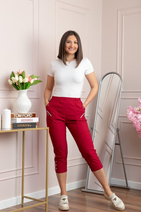 Pantaloni dama 3 4 Jenny grena cu talie elastica si fermoare decorative