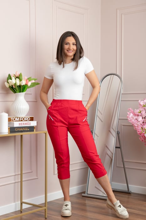 Pantaloni dama 3 4 Jenny rosii cu talie elastica si fermoare decorative