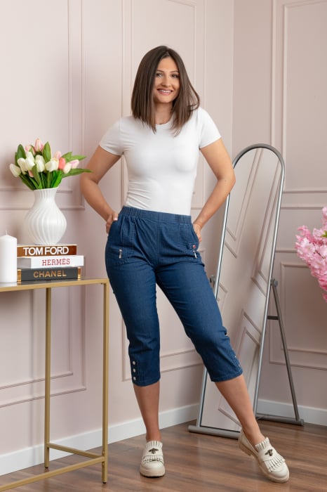 Pantaloni dama 3 4 Milly albastri tip denim cu talie elastica si buzunare