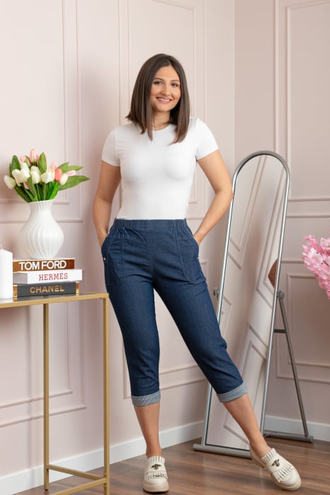 Pantaloni dama 3 4 Patty albastri tip denim cu manseta reglabila si talie elastica