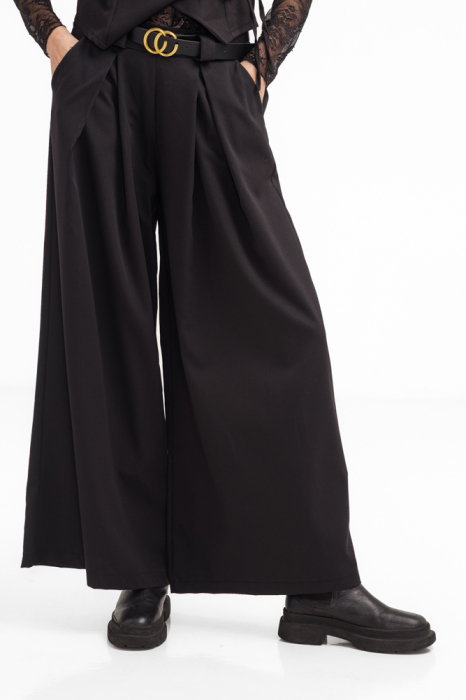 Pantaloni dama negri din stofa fina, palazzo, eleganti, cu talie inalta si curea