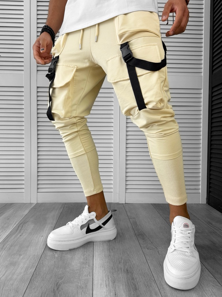 Pantaloni de trening cargo bej conici Y089 D3-5.1