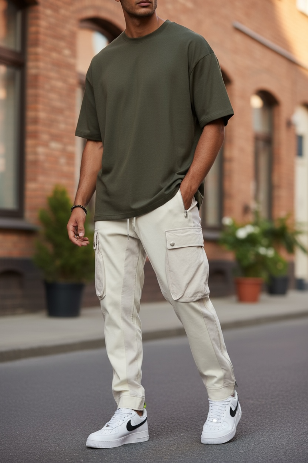 Pantaloni de trening cargo bej conici Y196 O5-4.2