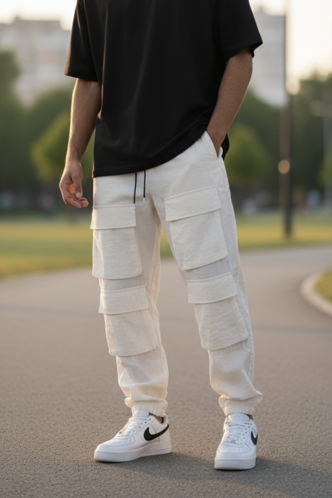 Pantaloni de trening cargo bej conici Y239 7-2.2