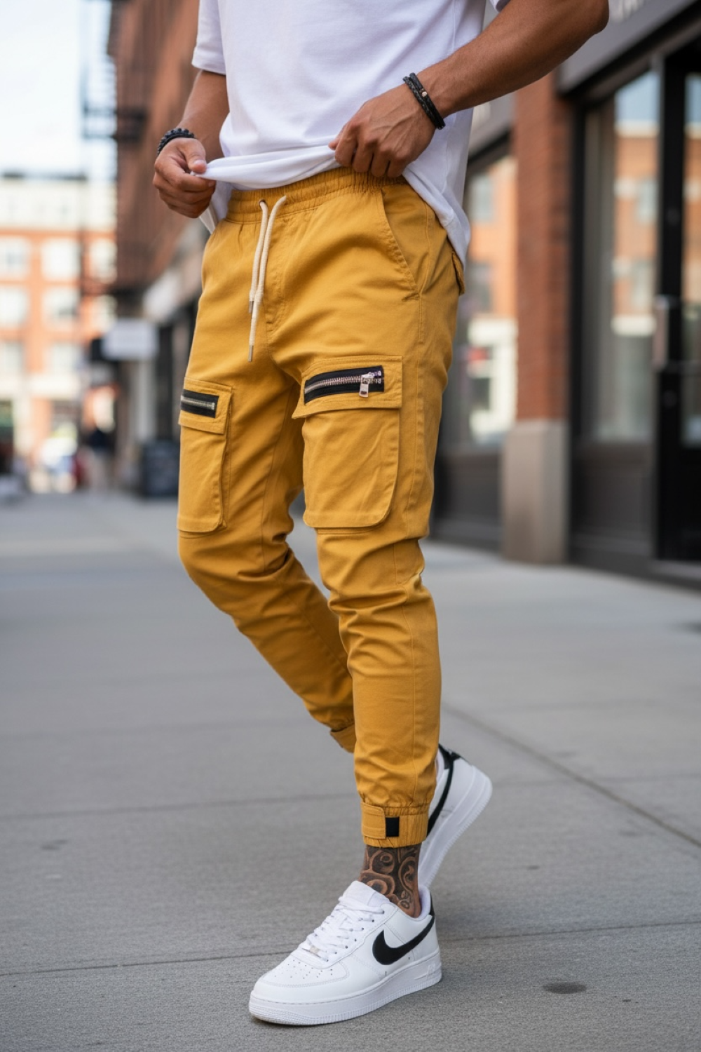 Pantaloni de trening cargo crem conici Y103 25-1