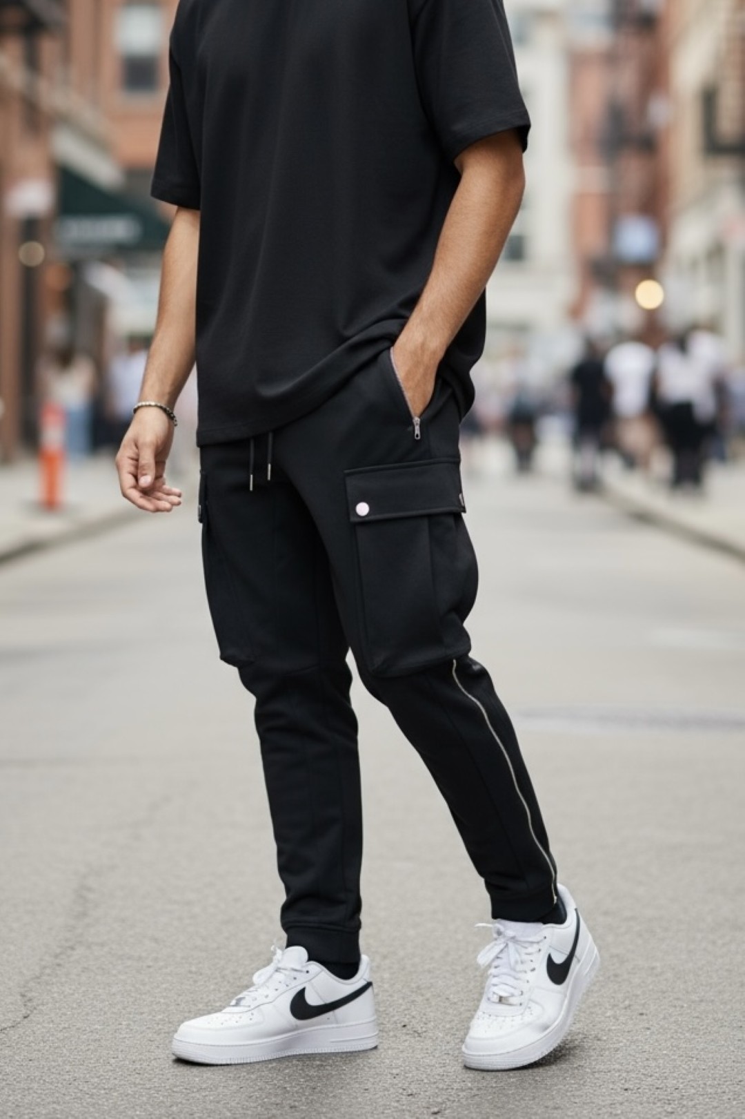 Pantaloni de trening cargo negri conici CU MIC DEFECT DEFY196 P20-1.3
