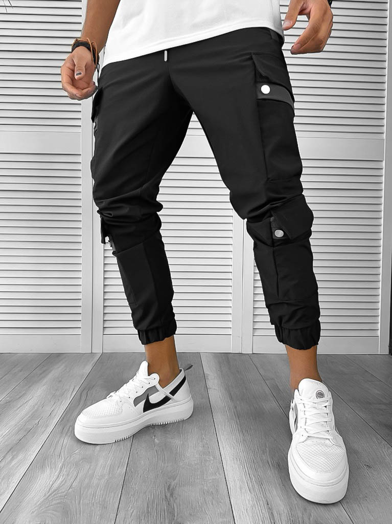Pantaloni de trening cargo negri conici Y201 30-4