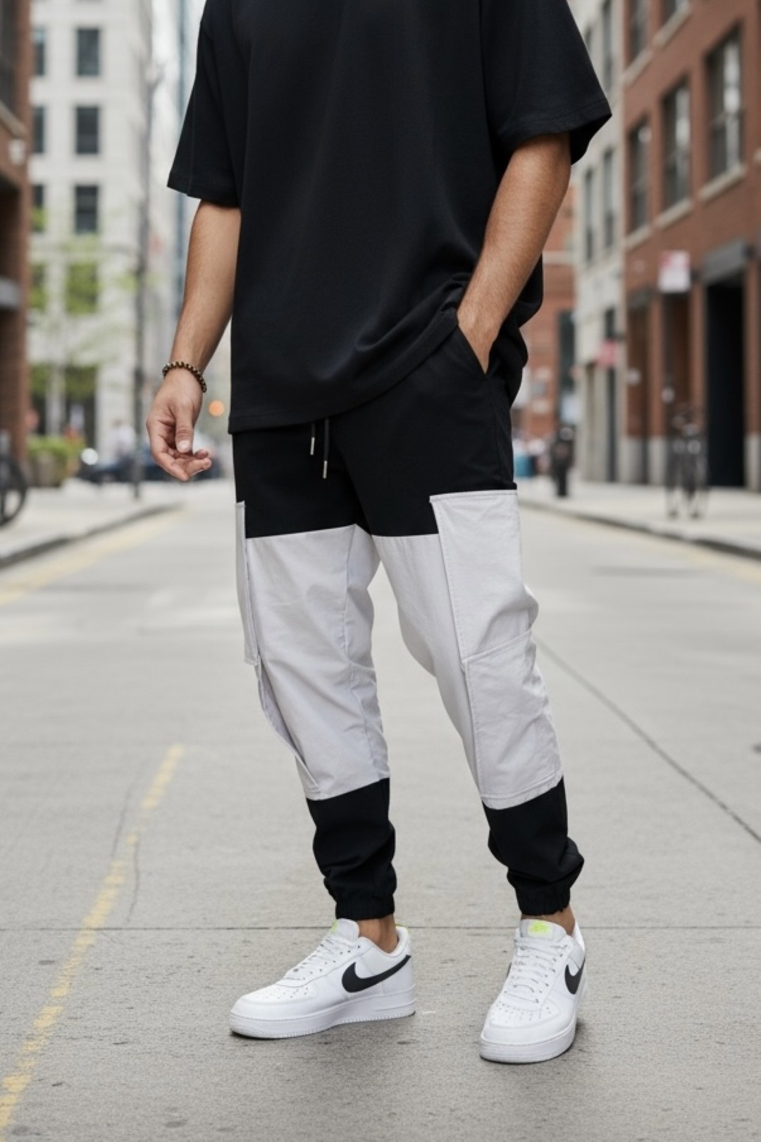 Pantaloni de trening cargo negri conici Y356 128-5