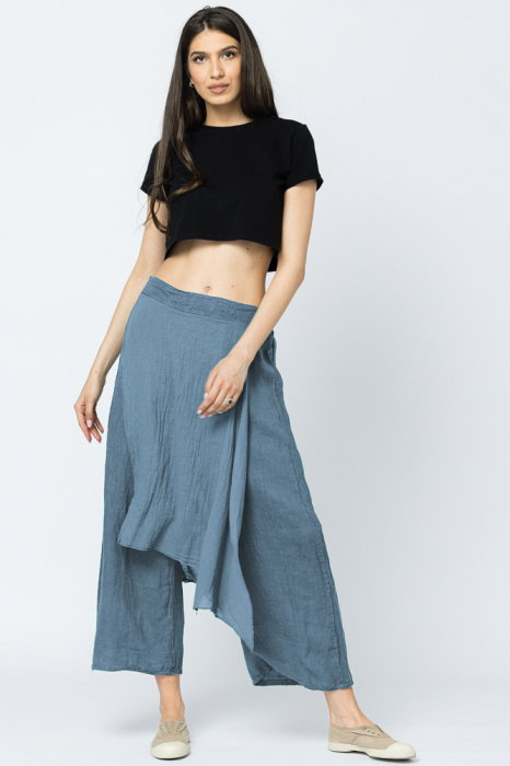 Pantaloni de vara din in, cu aplicatii pe fata si spate, albastru jeans