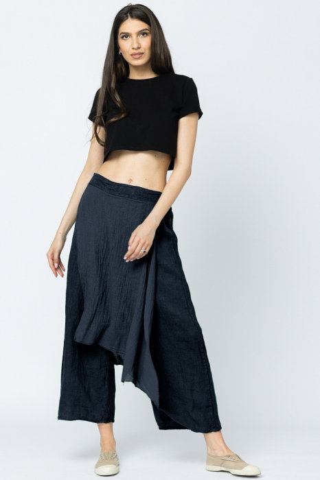 Pantaloni de vara din in, cu aplicatii pe fata si spate, bleumarin