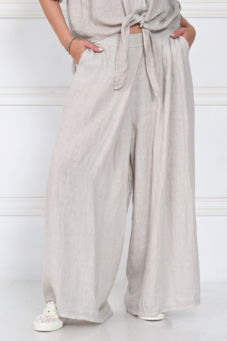 Pantaloni de vara din in cu croiala ampla si pliuri in talie, bej