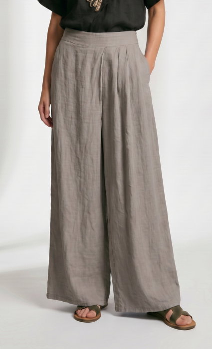 Pantaloni de vara din in cu croiala ampla si pliuri in talie, bej inchis