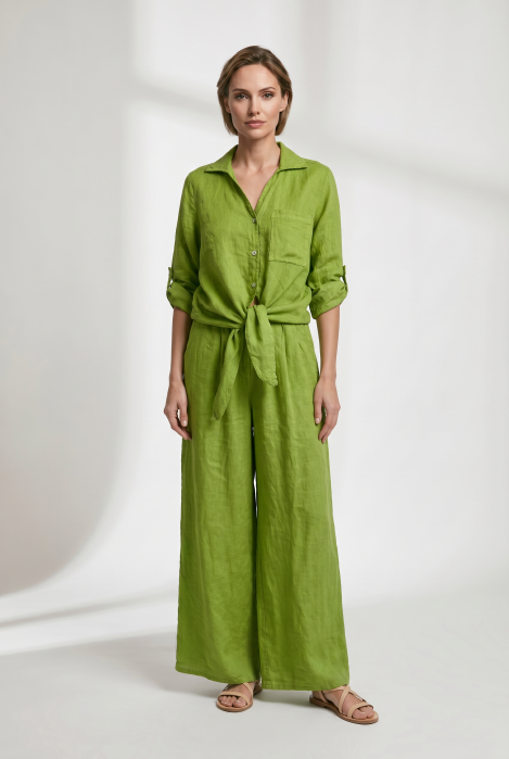 Pantaloni de vara din in cu croiala ampla si pliuri in talie, verde olive