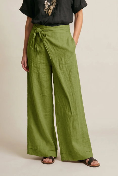 Pantaloni din in petrecuti, croi amplu, talie ajustabila, stil natural elegant, verde oliv