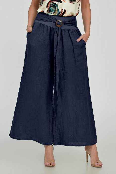 Pantaloni drepi, largi, de vara, din in, cu accesoriu de lemn, bleumarin