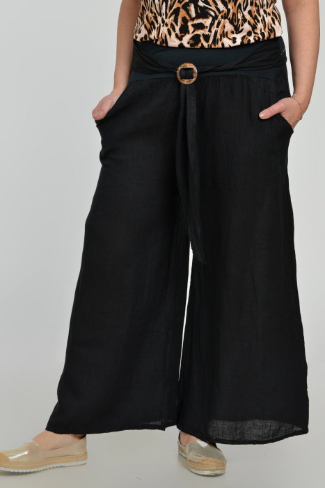 Pantaloni drepi, largi, de vara, din in, cu accesoriu de lemn, negri