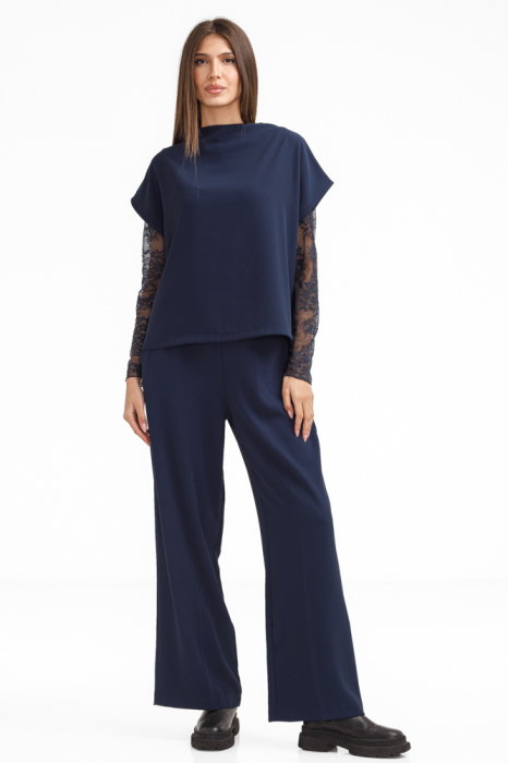 Pantaloni eleganti cu croiala dreapta, lejera, bleumarin