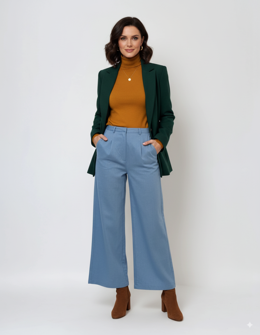 Pantaloni evazați cu fermoar și buzunare bleu - M