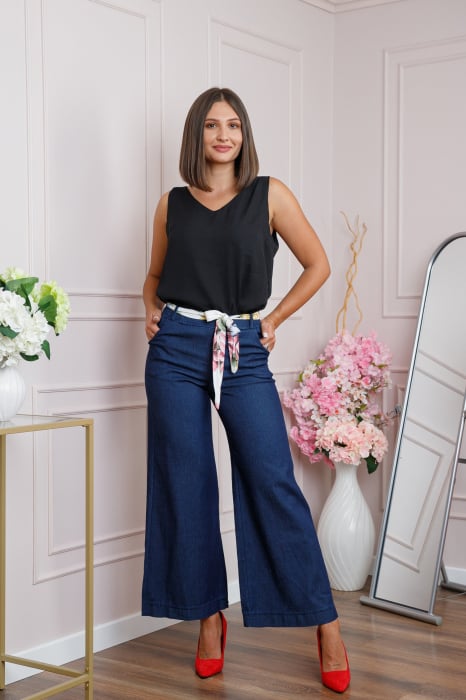 Pantaloni evazati din denim cu cordon floral