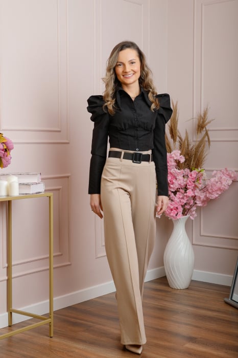 Pantaloni evazati Ophelia cu talie inalta si curea - Crem
