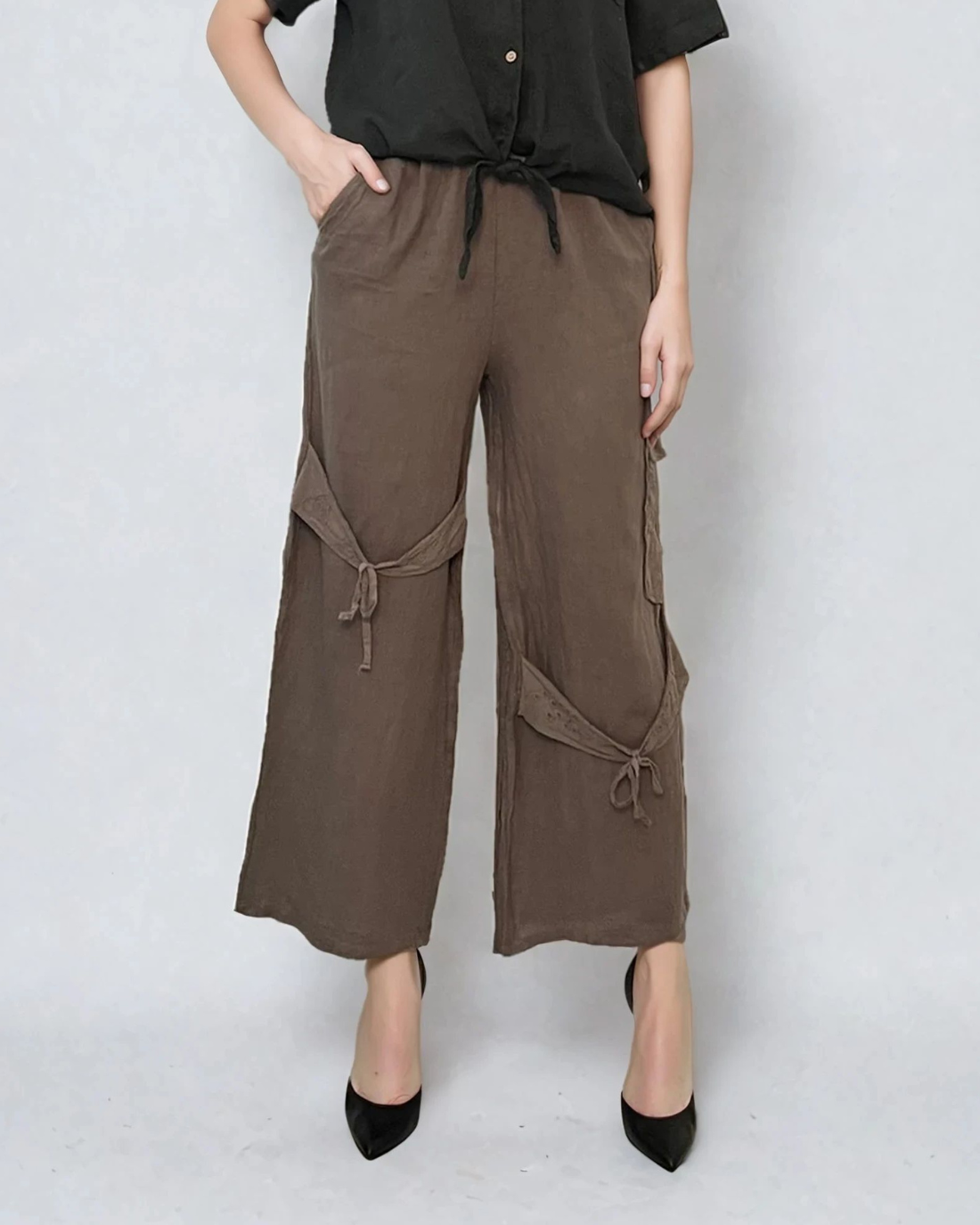 Pantaloni in cu legatura pe picior-Grej - Unica S-L