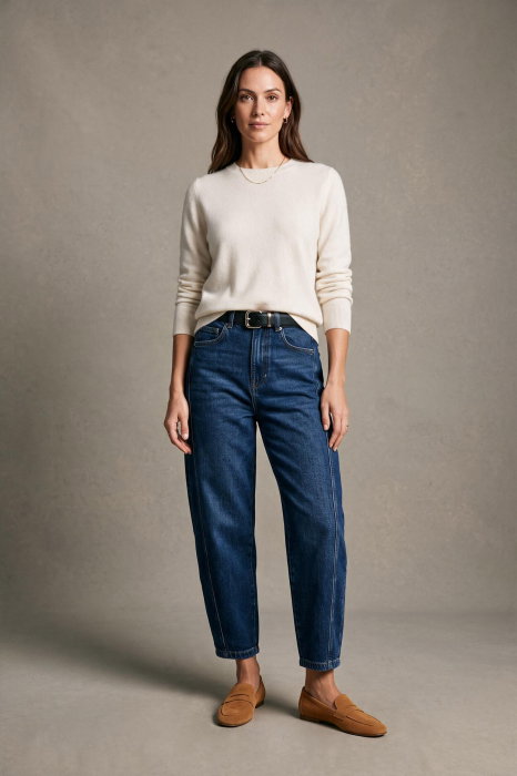 Pantaloni jeans albastri denim, croiala balon, cu curea neagra inclusa