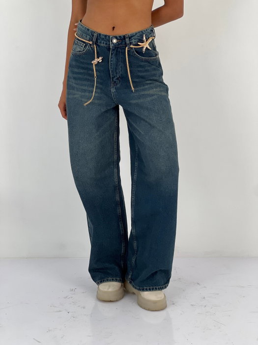 Pantaloni jeans denim croiala larga, albastru