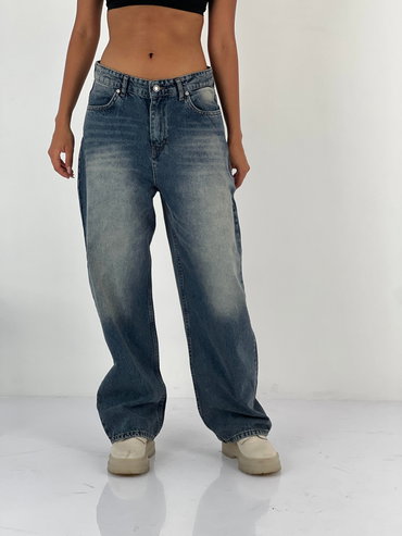 Pantaloni jeans denim croiala larga, albastru prespalat