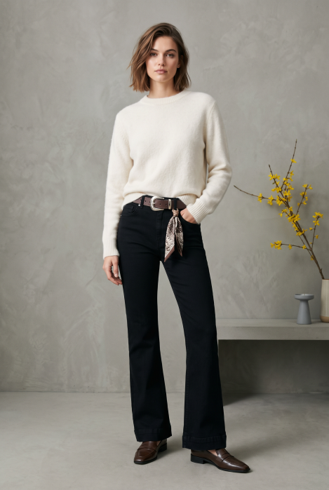 Pantaloni jeans negri, croiala evazata, flare, cu curea maro cu satin inclusa