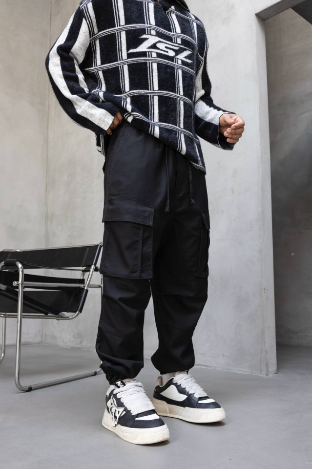 PANTALONI JOGGERS CARGO RELAXED FIT – STREETWEAR BLACK BGBLACK5(17382) (MĂRIME: L, CULOARE: BLACK)
