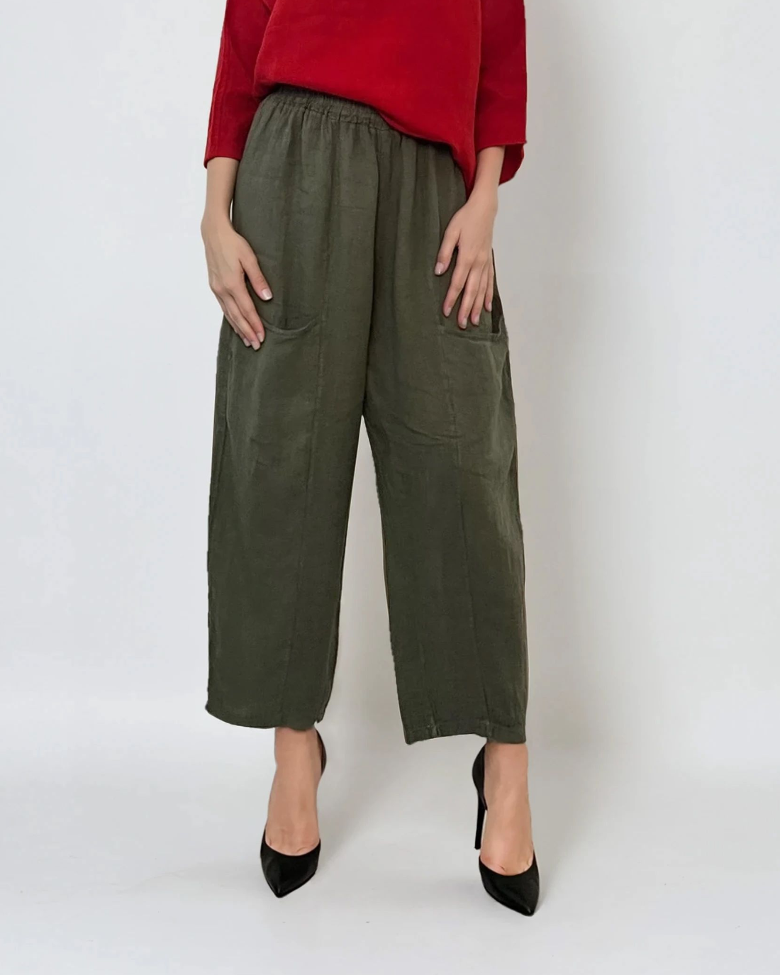 Pantaloni largi cu buzunare mari din in kaki - Unica S-L