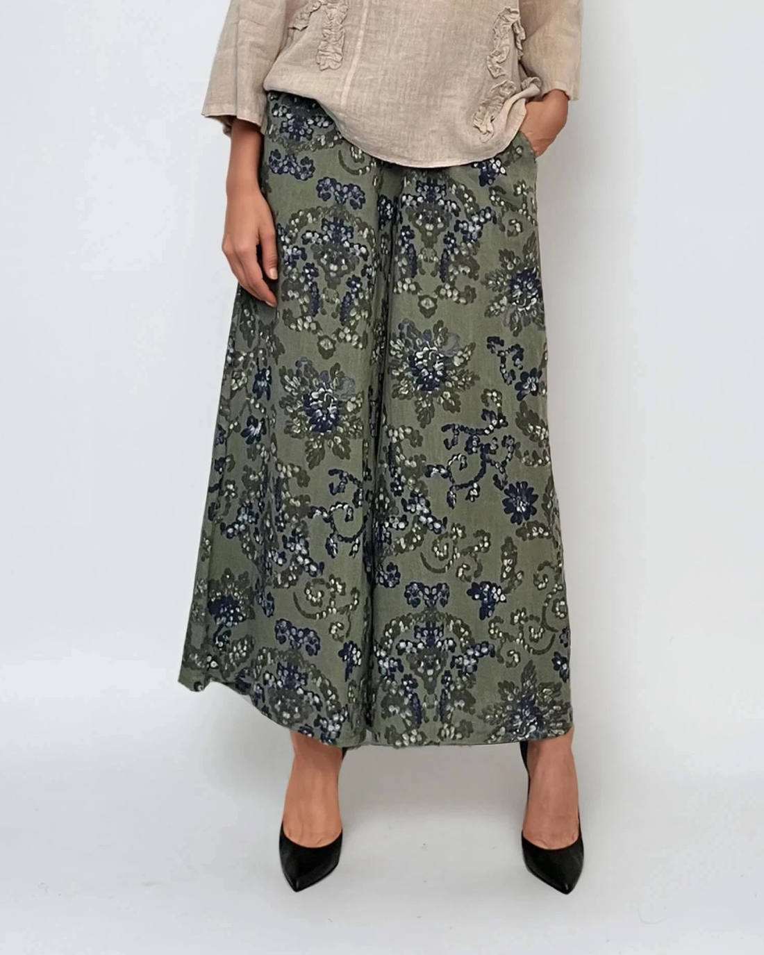 Pantaloni largi cu imprimeu floral kaki - Unica S-L