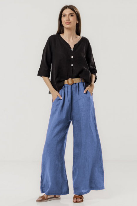 Pantaloni largi de vara, din in albastru jeans cu croi lejer si curea din sfoara