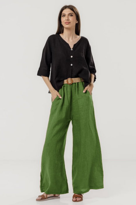 Pantaloni largi de vara, din in cu croi lejer si curea din sfoara, verde oliv