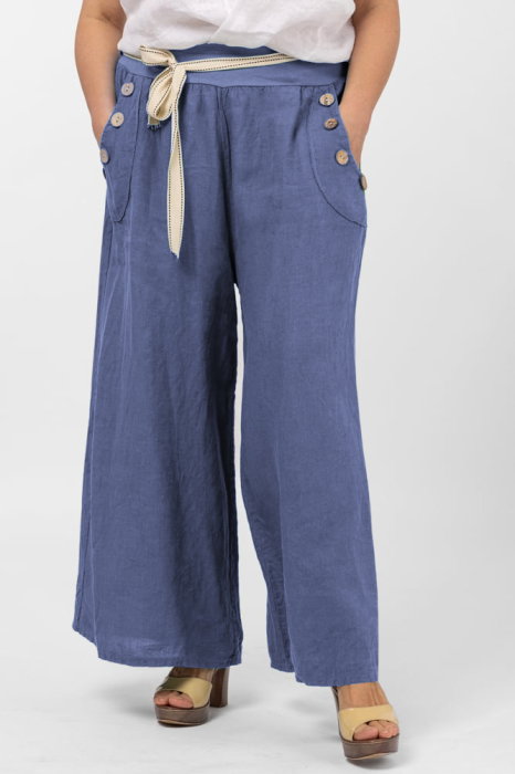 Pantaloni largi de vara, din in, cu nasturi din lemn la buzunare, albastru jeans