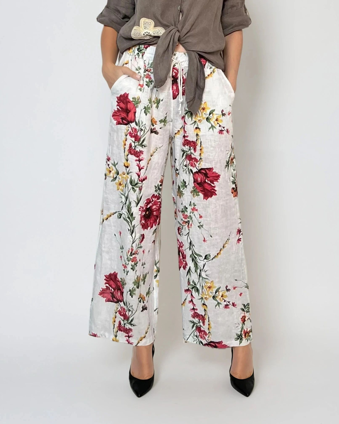 Pantaloni lungi cu print floral și buzunare alb - Unica S-L